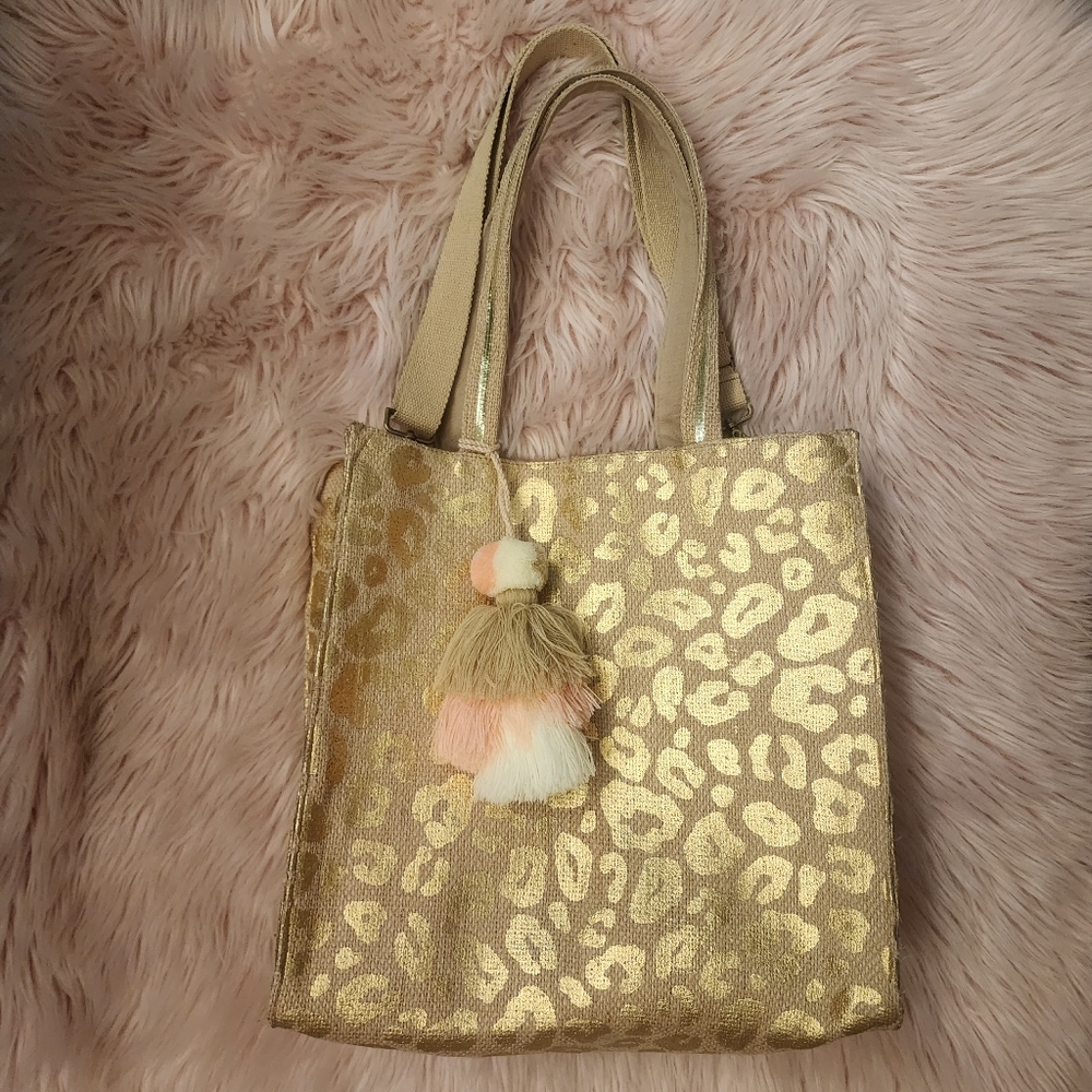 America & Beyond jute tote bag gold metallic cheetah print